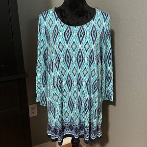 Kim Rogers Blouse L 3/4 Sleeve Turquoise Ikat Geometric Casual Southwestern Chic